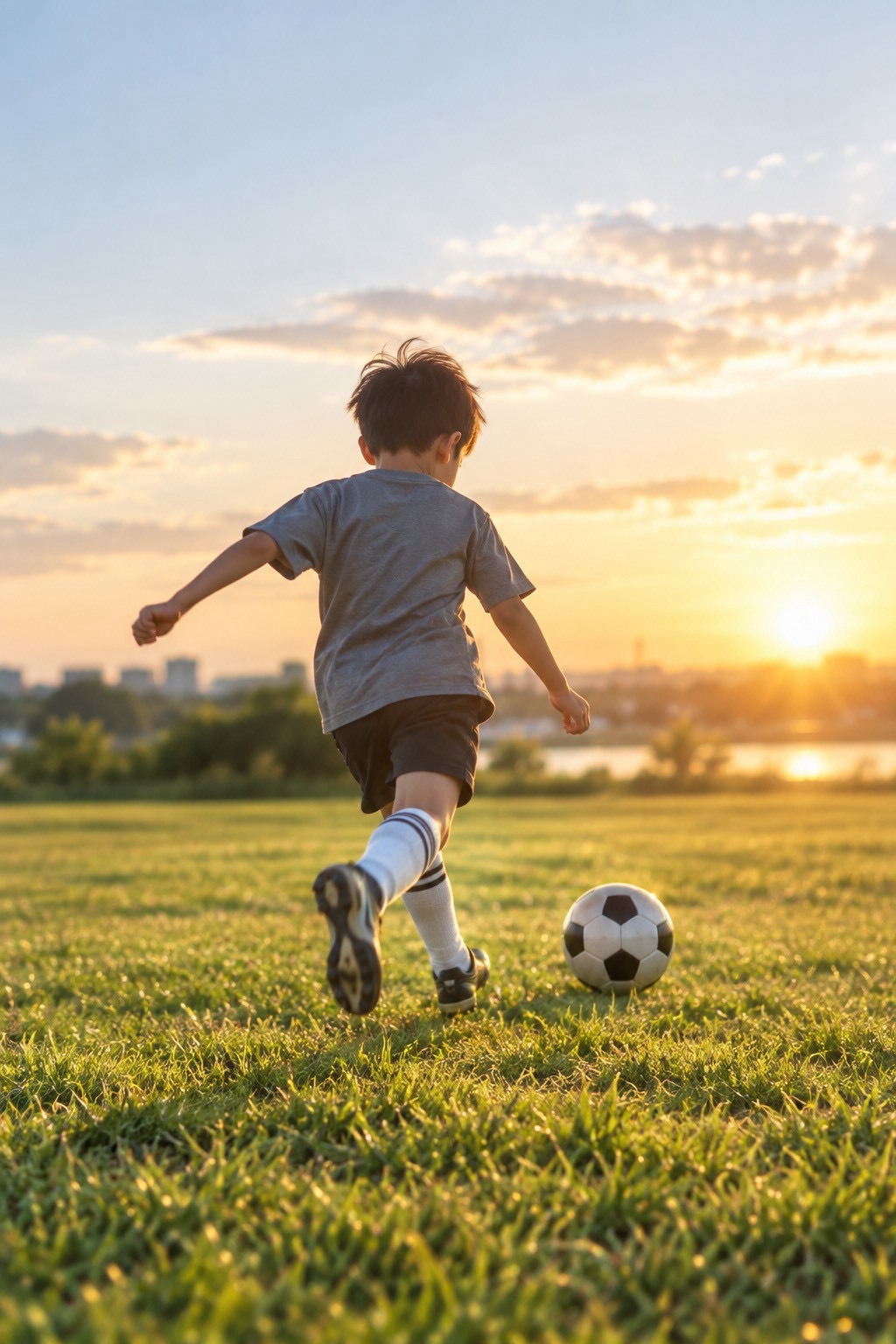 サッカーボールを蹴る少年