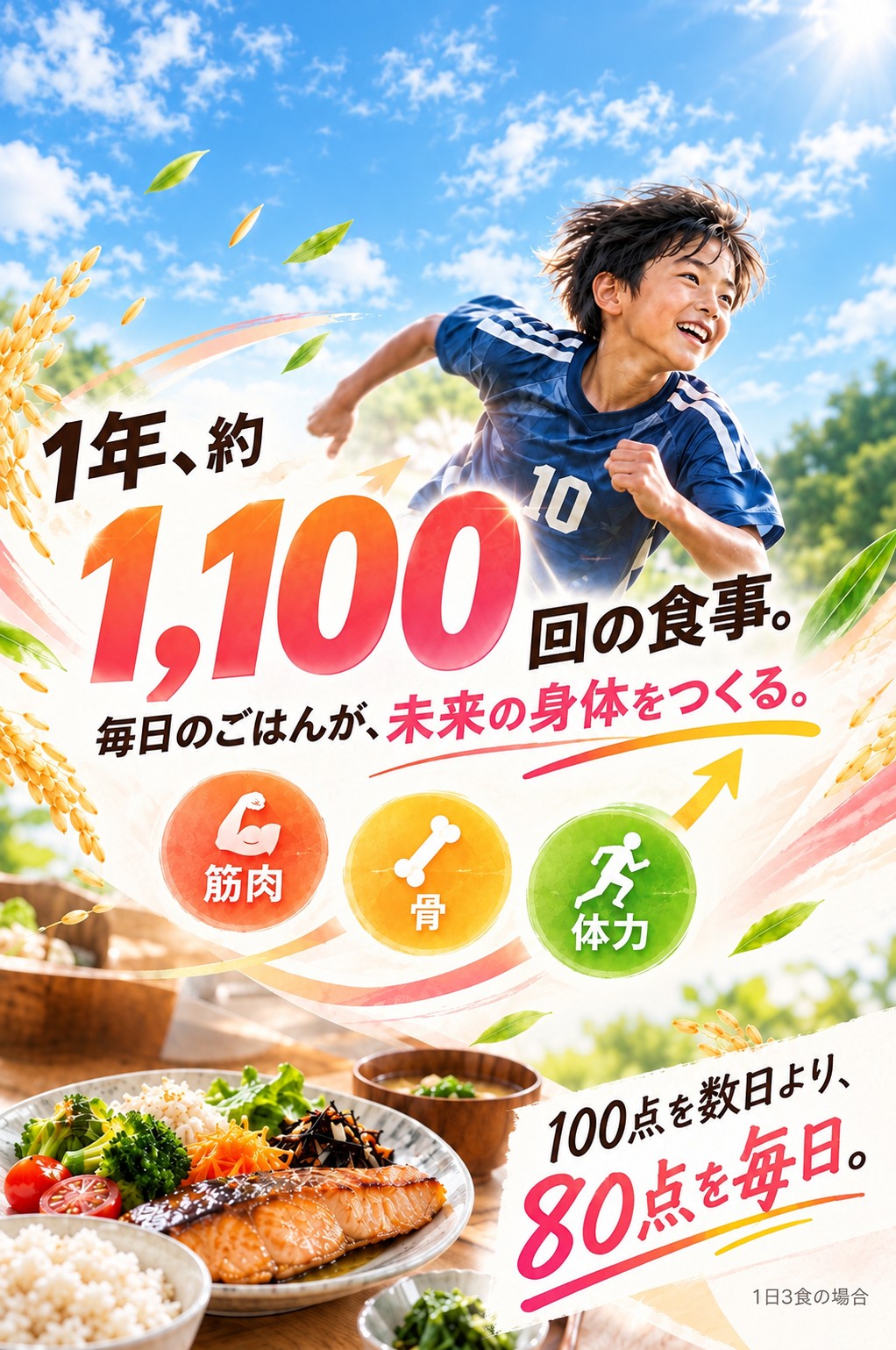 1年、約1,100回の食事。毎日のごはんが、未来の身体をつくる。筋肉・骨・体力。100点を数日より、80点を毎日。